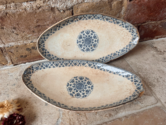 antique chippy timeworn blue transferware ironstone terre de fer ravier plate gien mangalore