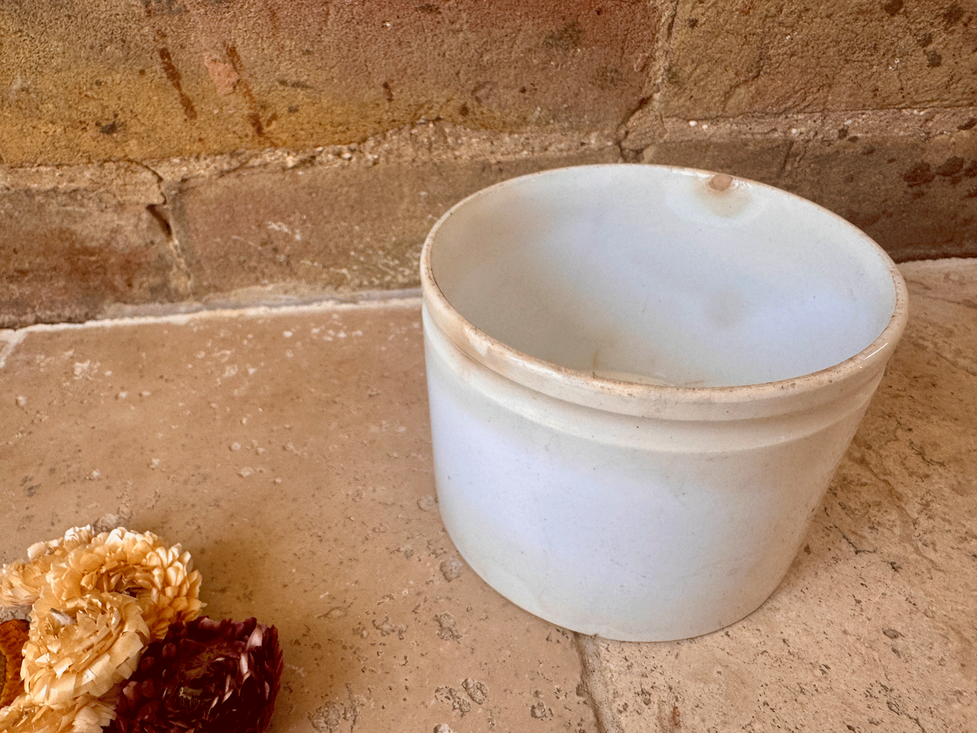 antique french chippy timeworn buttery white ironstone terre de fer confiture pot