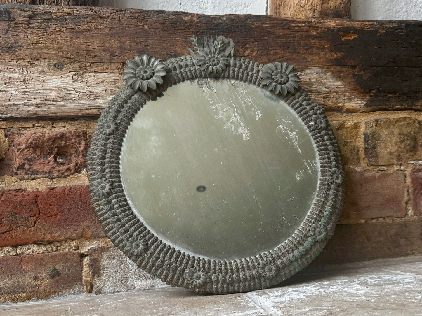 antique french 9th century 1800s timworn distressed foxed mirror metalwork frame