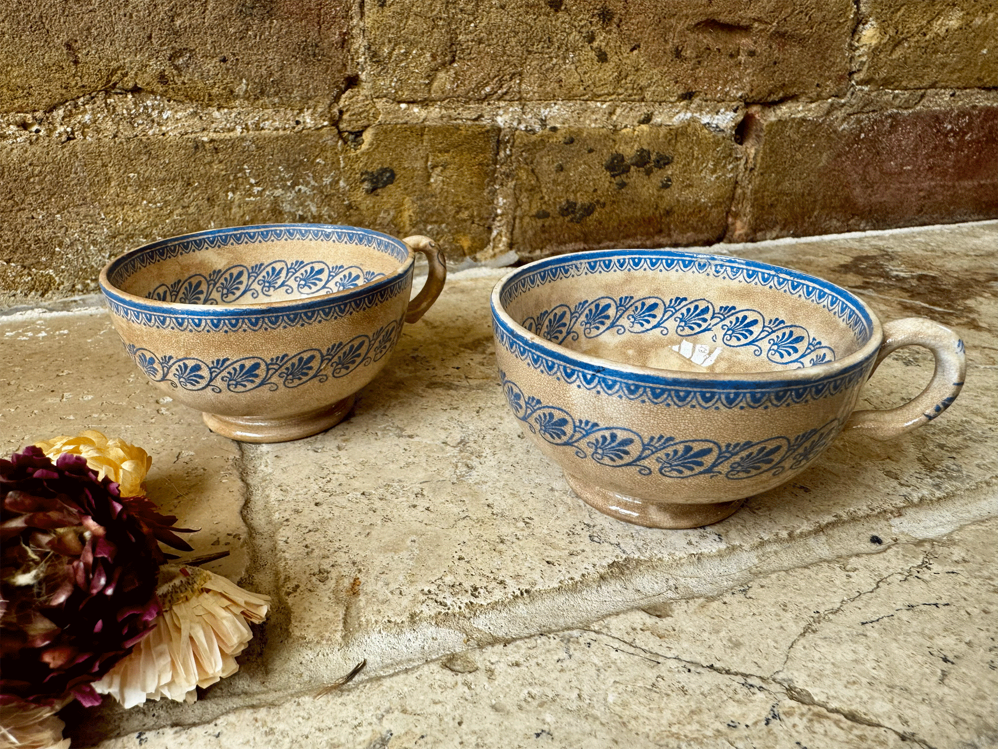rare antique french timeworn buttery crzed patina blue transferware coffee espresso cup faience blue transferware