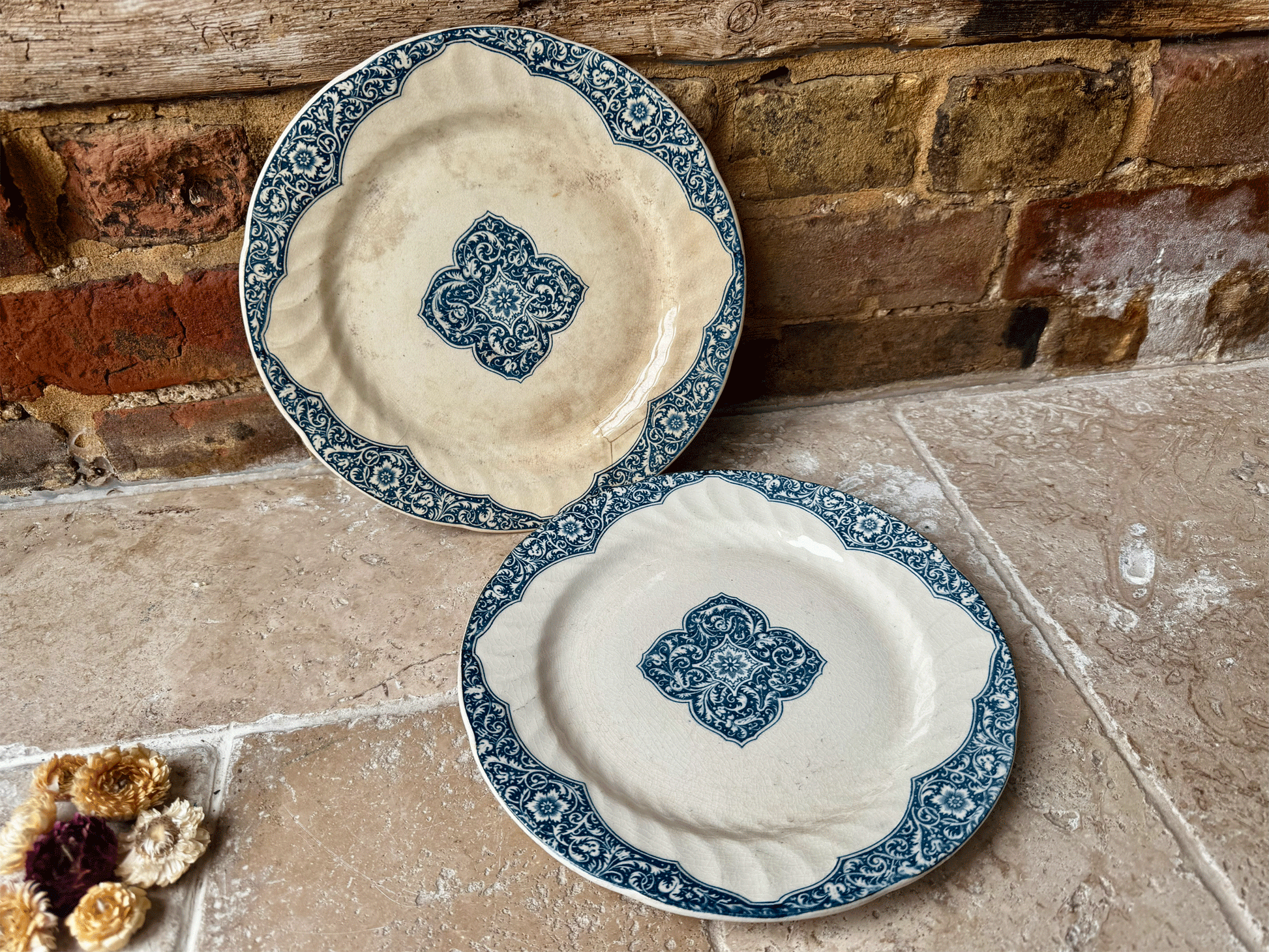 antique french blue transferware ironstone terre de fer dinner plate