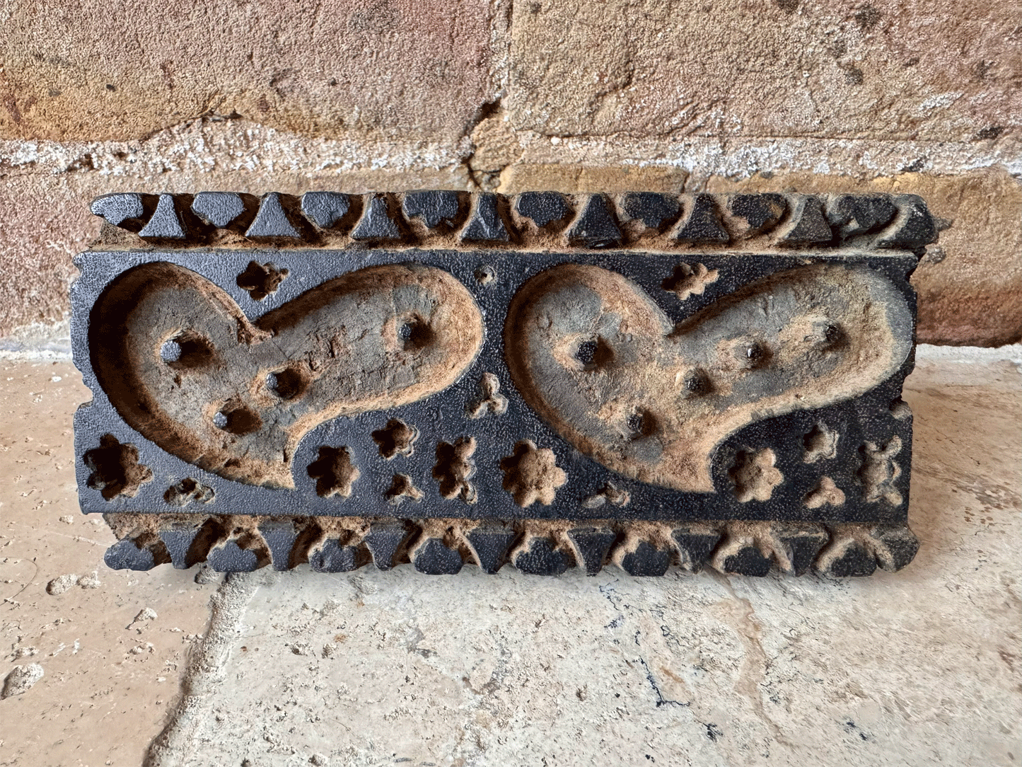 vintage french carved wooden treen printing block hearts border pattern