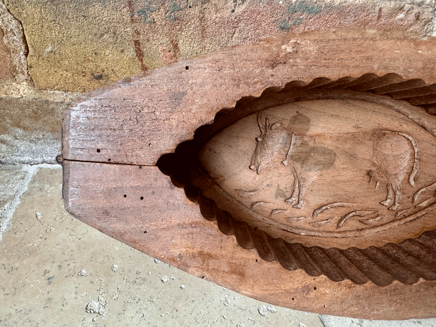 large antique french rustic grazing cow carved wooden treen butter brick mould