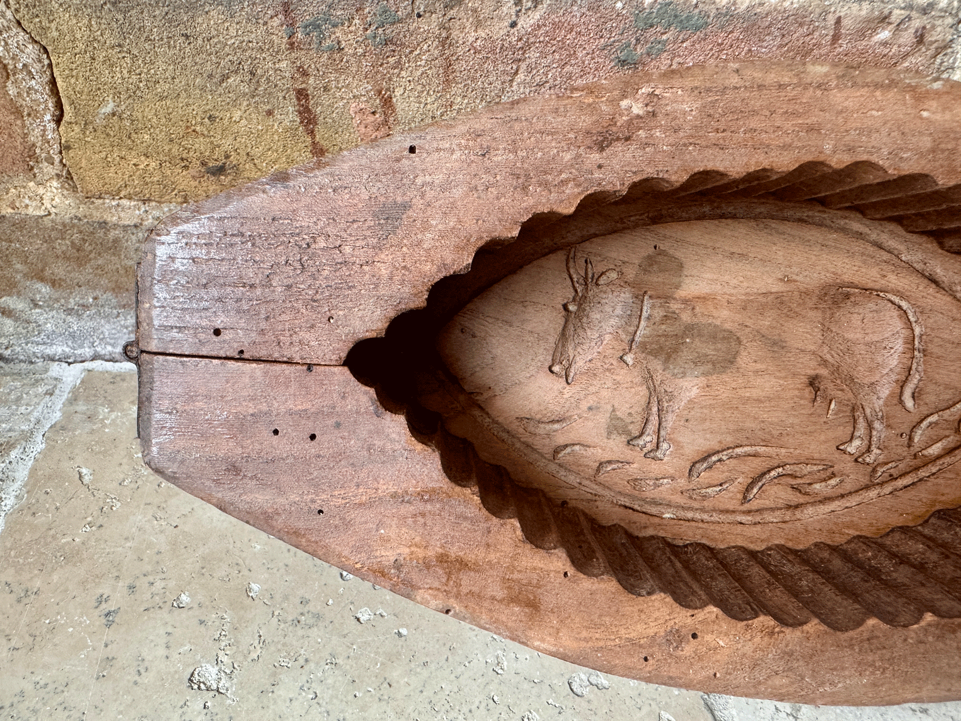 large antique french rustic grazing cow carved wooden treen butter brick mould
