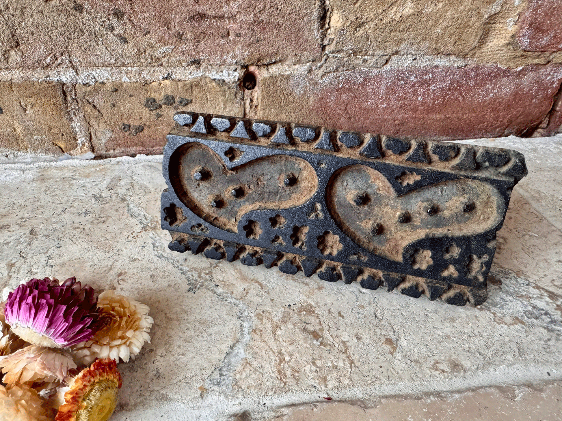 vintage french carved wooden treen printing block hearts border pattern
