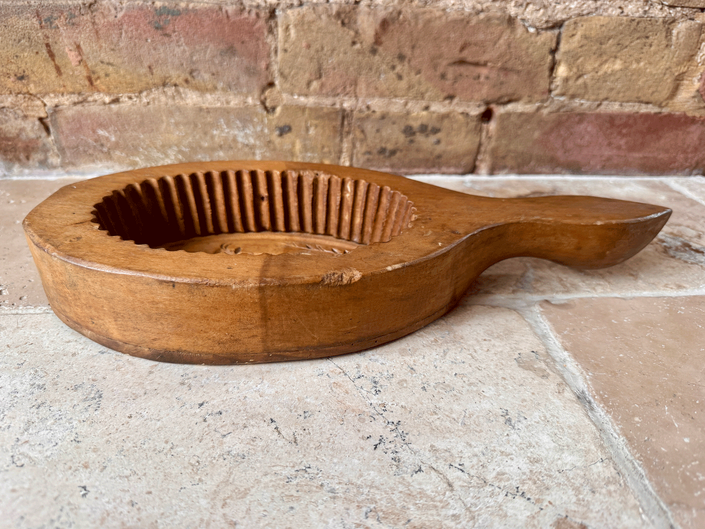 antique french large wooden treen carved butter brick mould grazing cow floral garland decoration