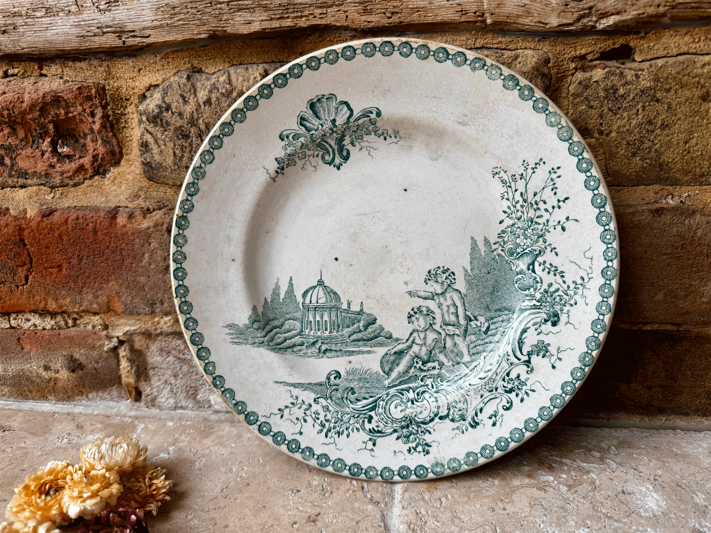 antique frencg terre de fer green transferware side plate st amand trianon cherubs