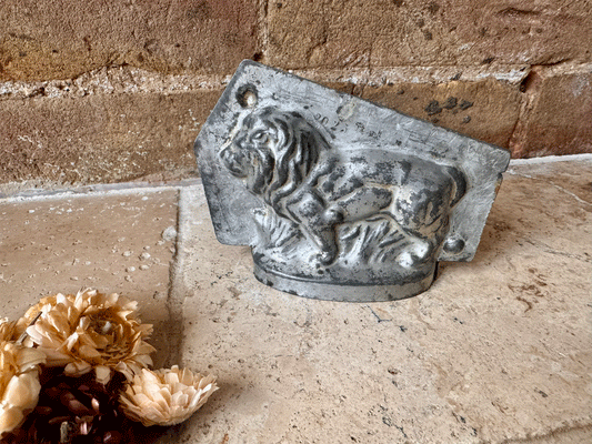 antique french rare lion shaped figural tin steel chocolate mould