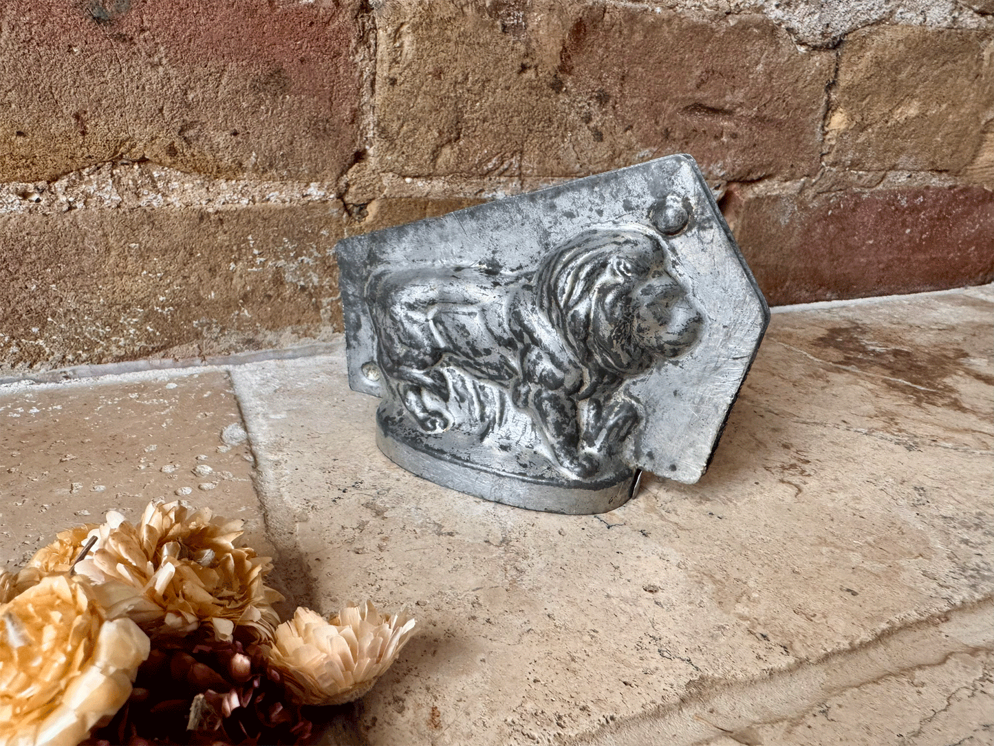 antique french rare lion shaped figural tin steel chocolate mould