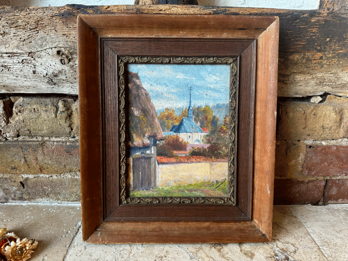 antique french signed framed oil painting canvas country landscape farm buildings village church