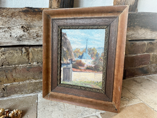 antique french signed framed oil painting canvas country landscape farm buildings village church