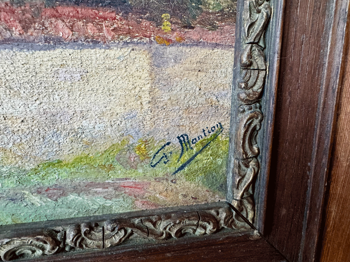 antique french signed framed oil painting canvas country landscape farm buildings village church