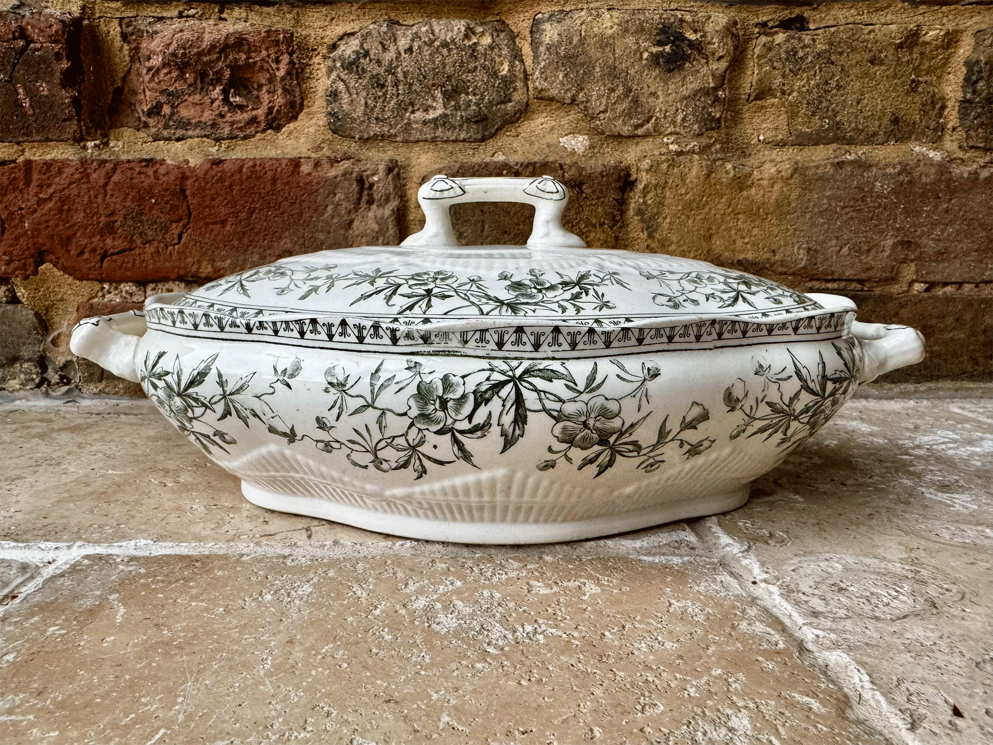 antique vintage french green transferware ironstone serving dish soup tureen