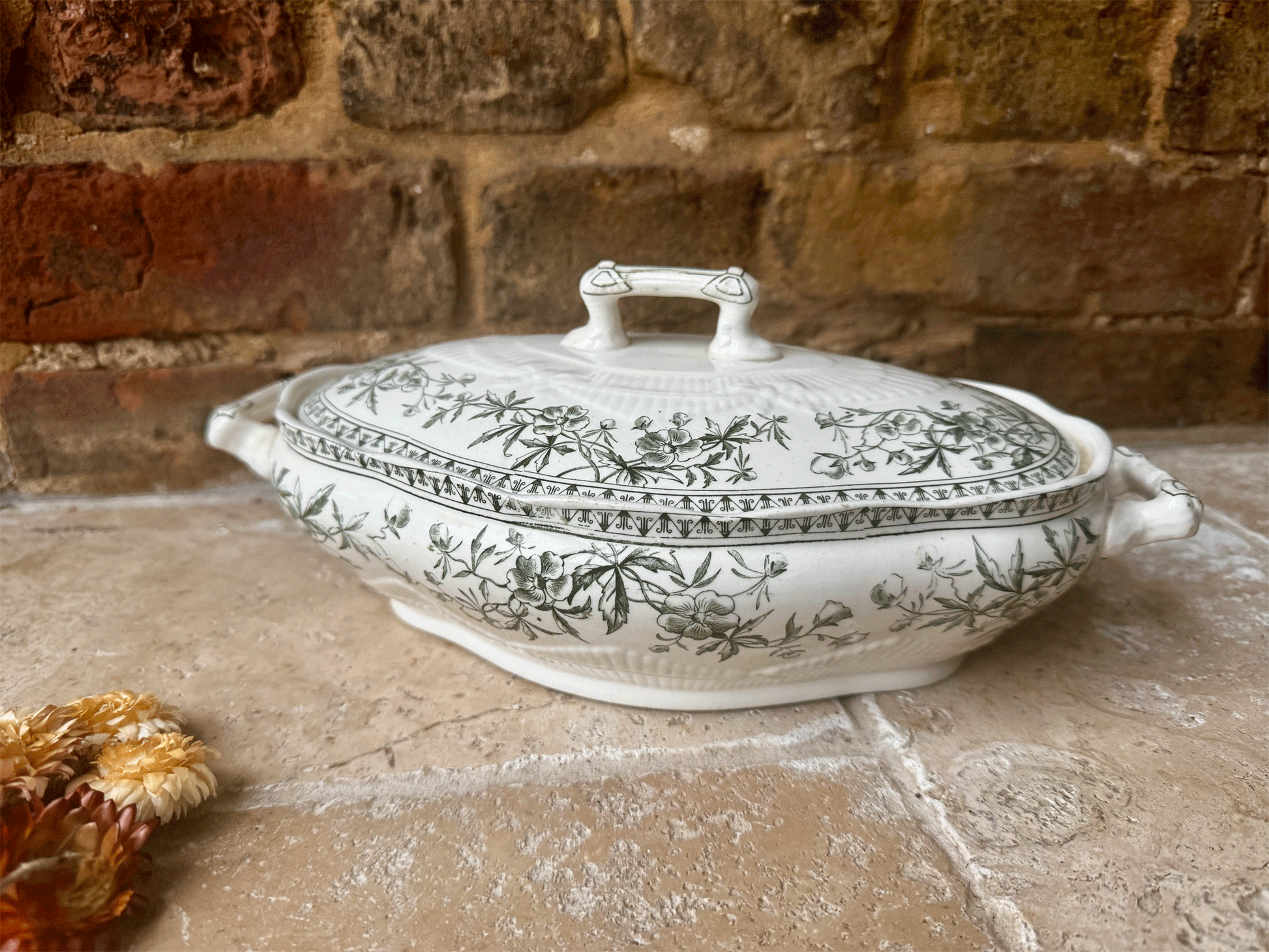 antique vintage french green transferware ironstone serving dish soup tureen