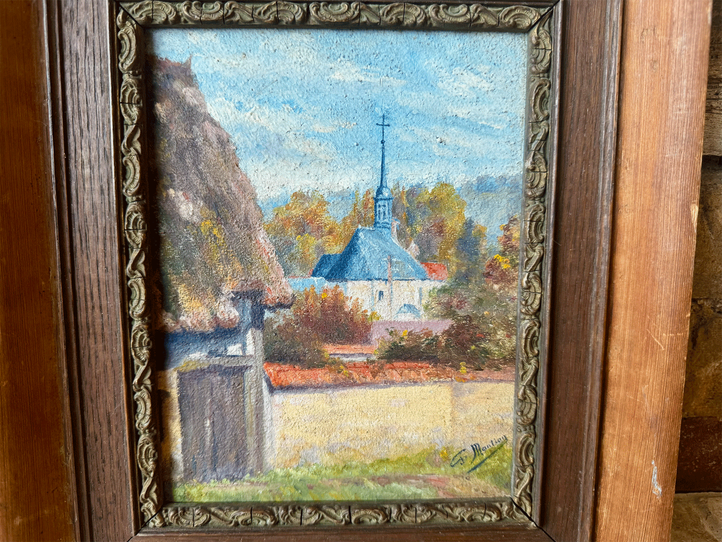 antique french signed framed oil painting canvas country landscape farm buildings village church