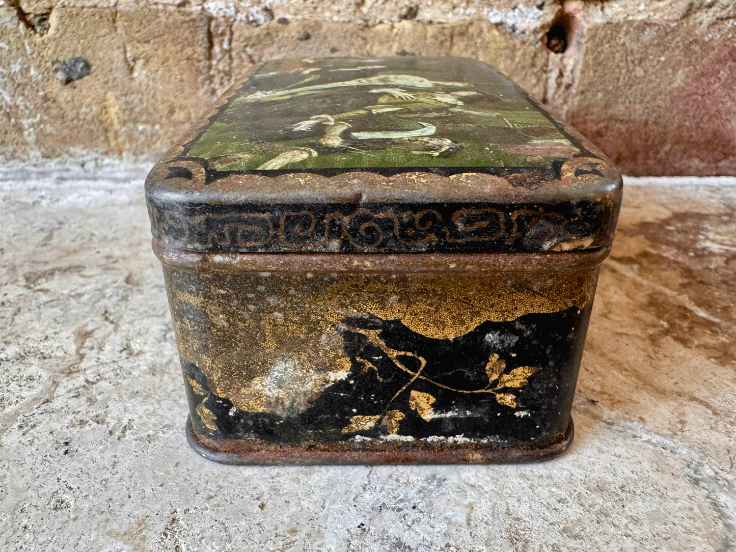 antique vintage french packaging tin chinoiserie religious style rustic interior decor