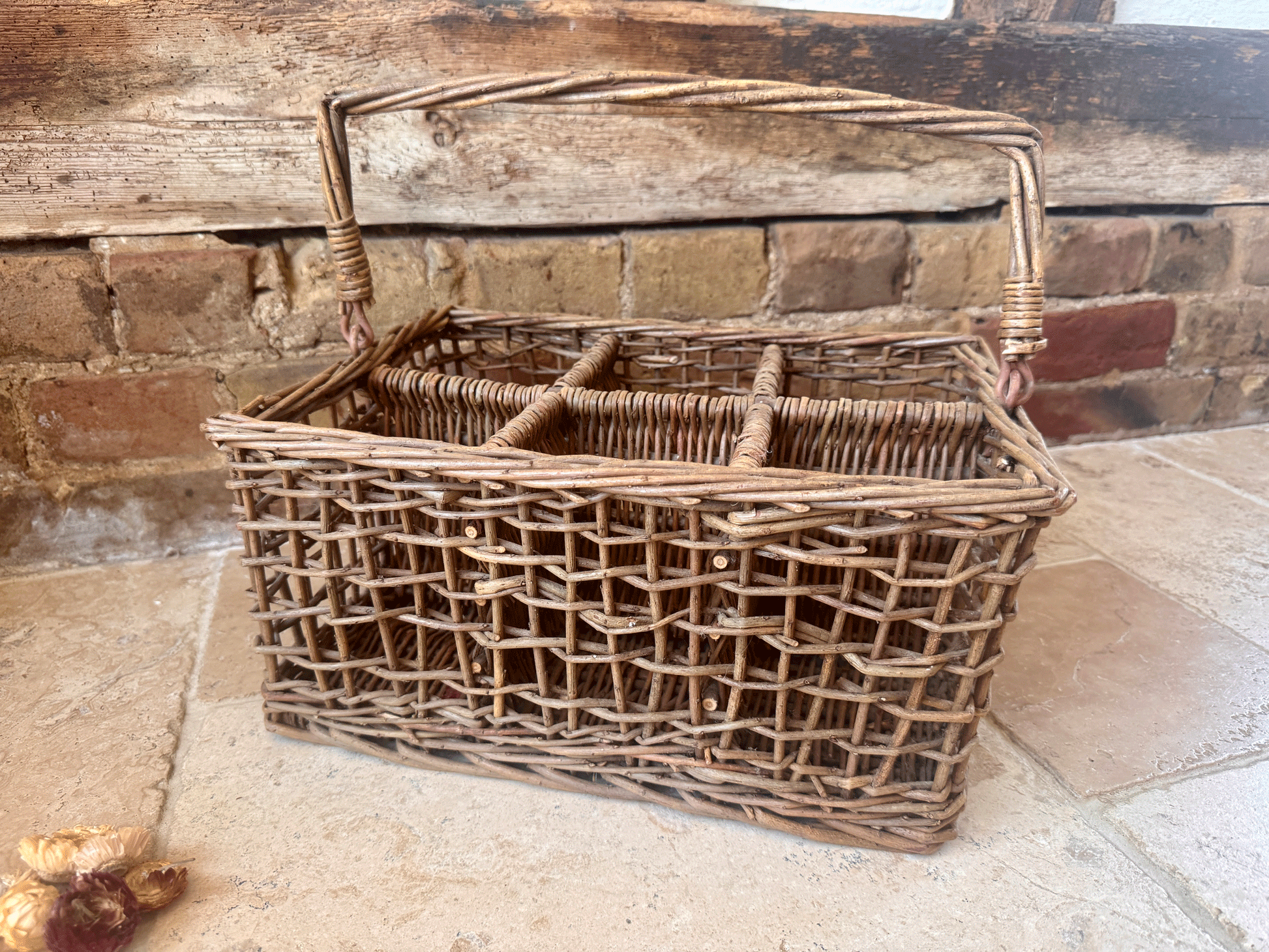 vintage french rustic country style wicker trugbasket bottle holder carrier