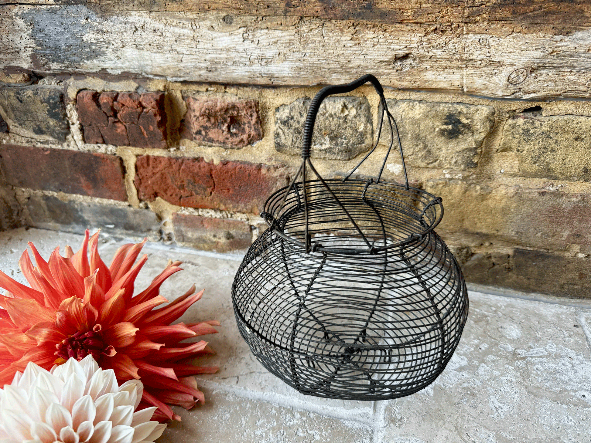antique french rustic wirework egg basket holder