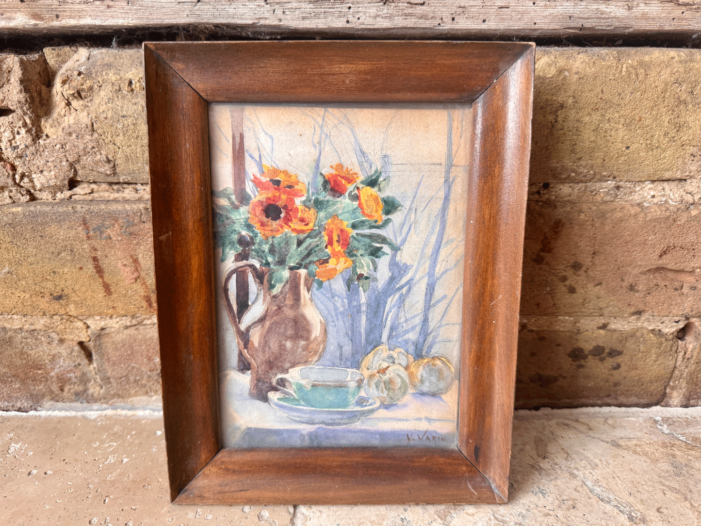 antique french framed watercolour painting florals tablescape fruit still life signed y varin