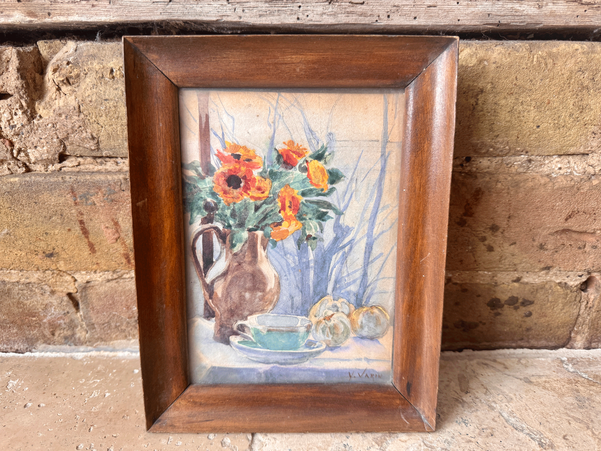 antique french framed watercolour painting florals tablescape fruit still life signed y varin