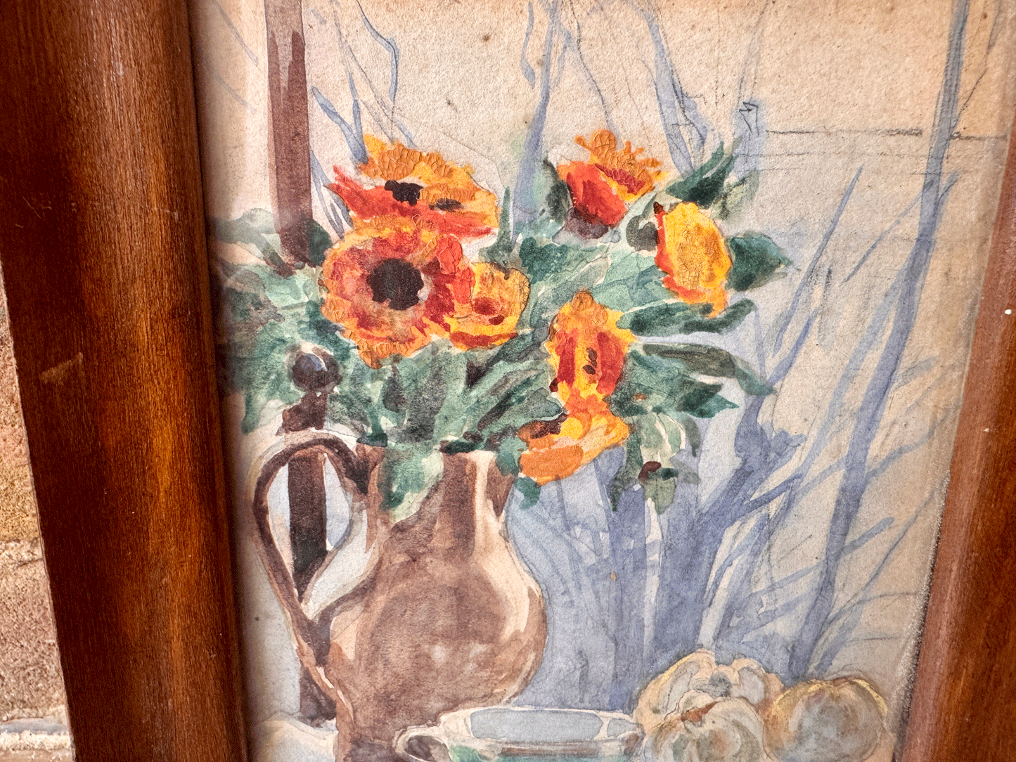 antique french framed watercolour painting florals tablescape fruit still life signed y varin