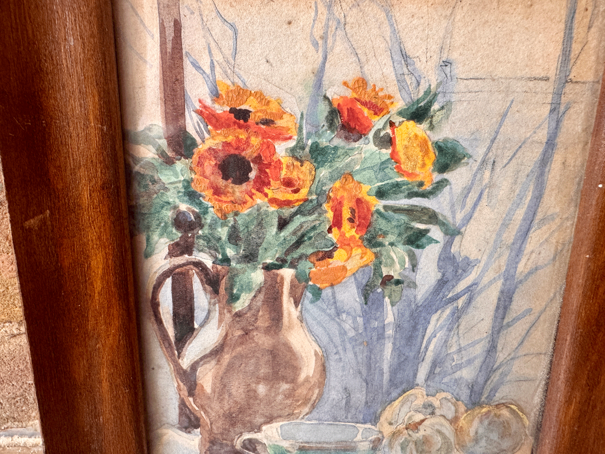 antique french framed watercolour painting florals tablescape fruit still life signed y varin