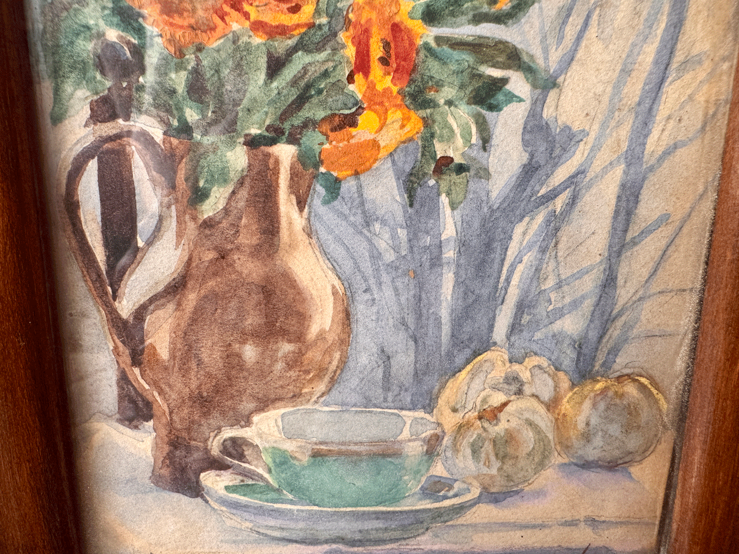 antique french framed watercolour painting florals tablescape fruit still life signed y varin