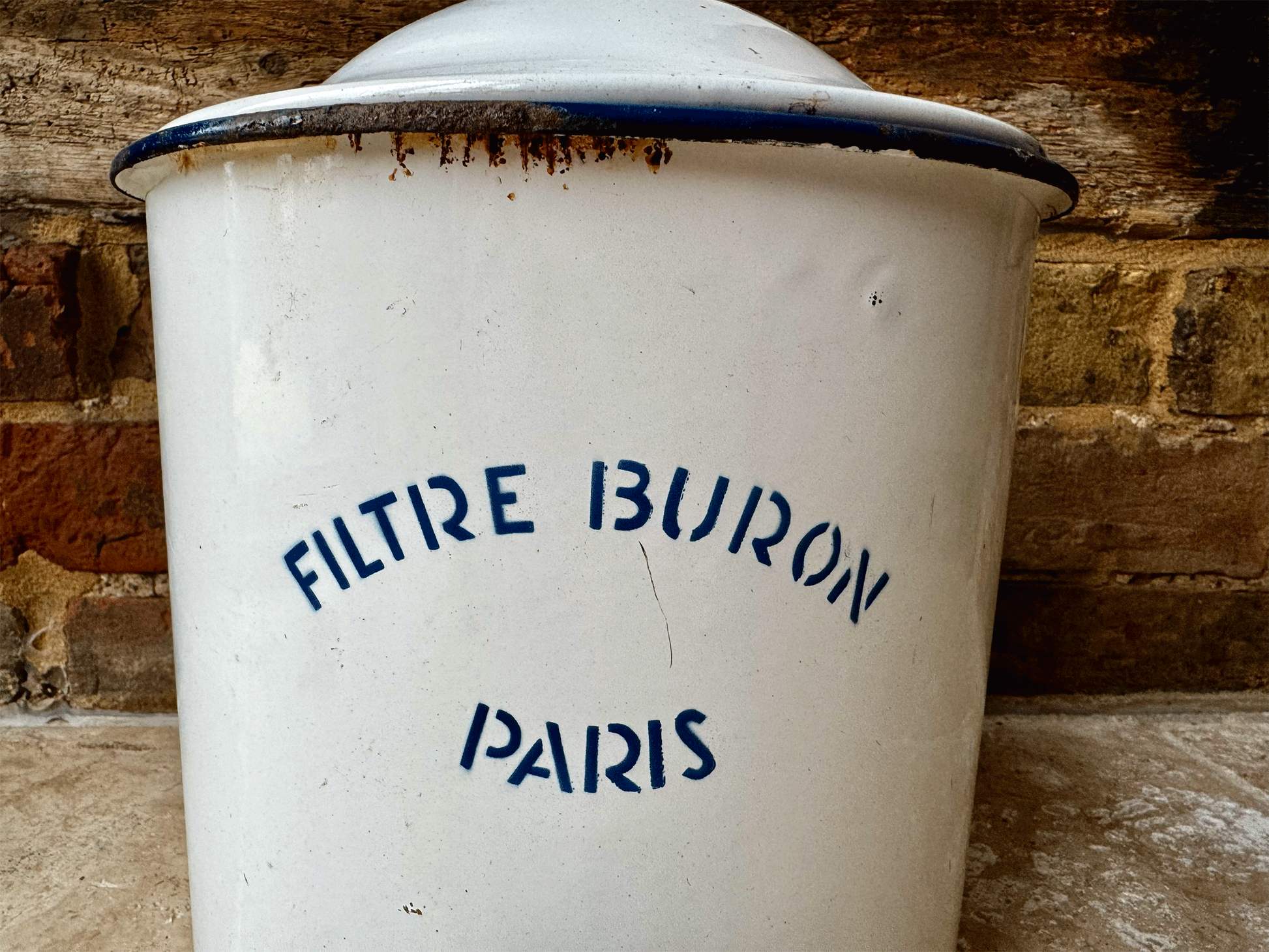 antique 1940s white blue french enamel  filtre buron paris water filter container