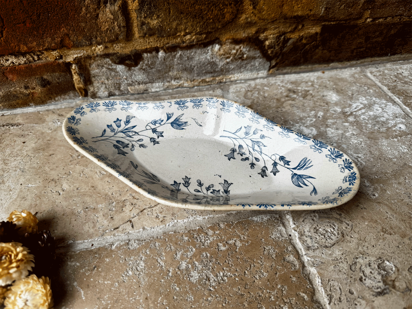 antique french blue transferware white ironstone ravier oval serving plate