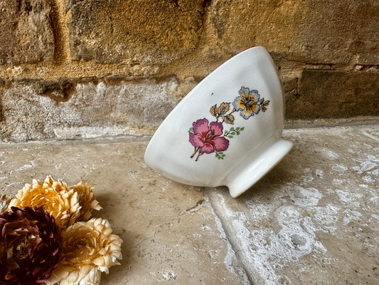 antique french white ironstone small ribbed cafe au lait bowl floral pattern