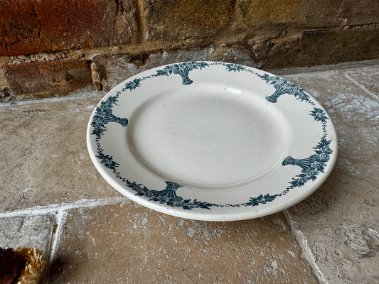 antique french teal transferware white ironstone faience ancienne compotier compote dish longchamp ennege