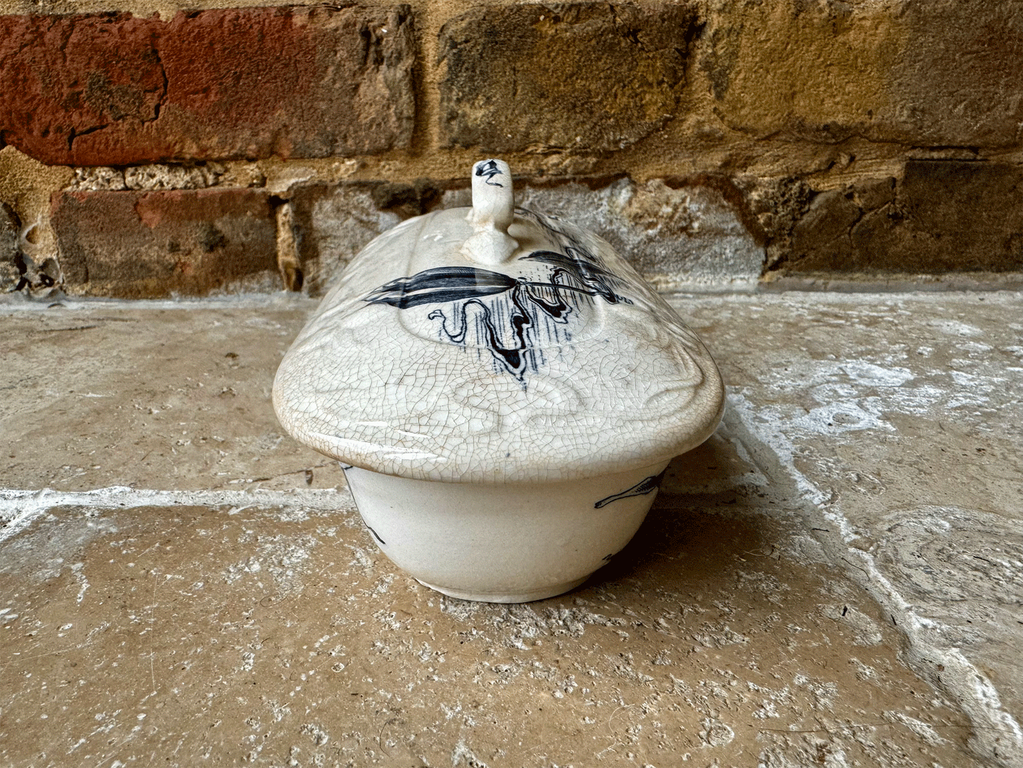 antique french hand painted white ironstone razor soap toothbrush dish dark blue tulips