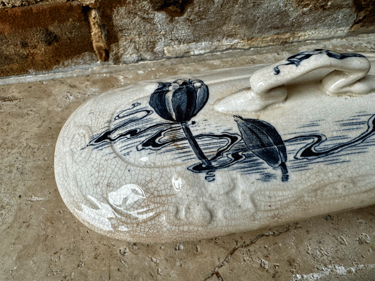 antique french hand painted white ironstone razor soap toothbrush dish dark blue tulips