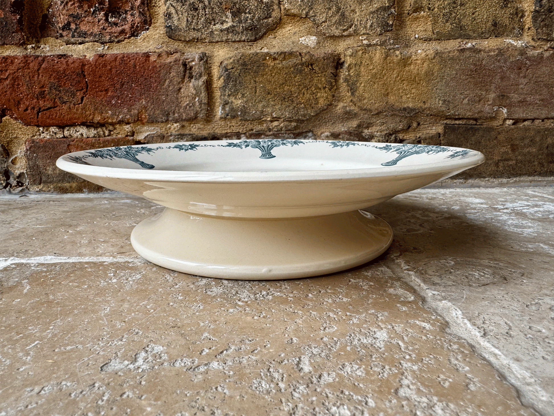 antique french teal transferware white ironstone faience ancienne compotier compote dish longchamp ennege
