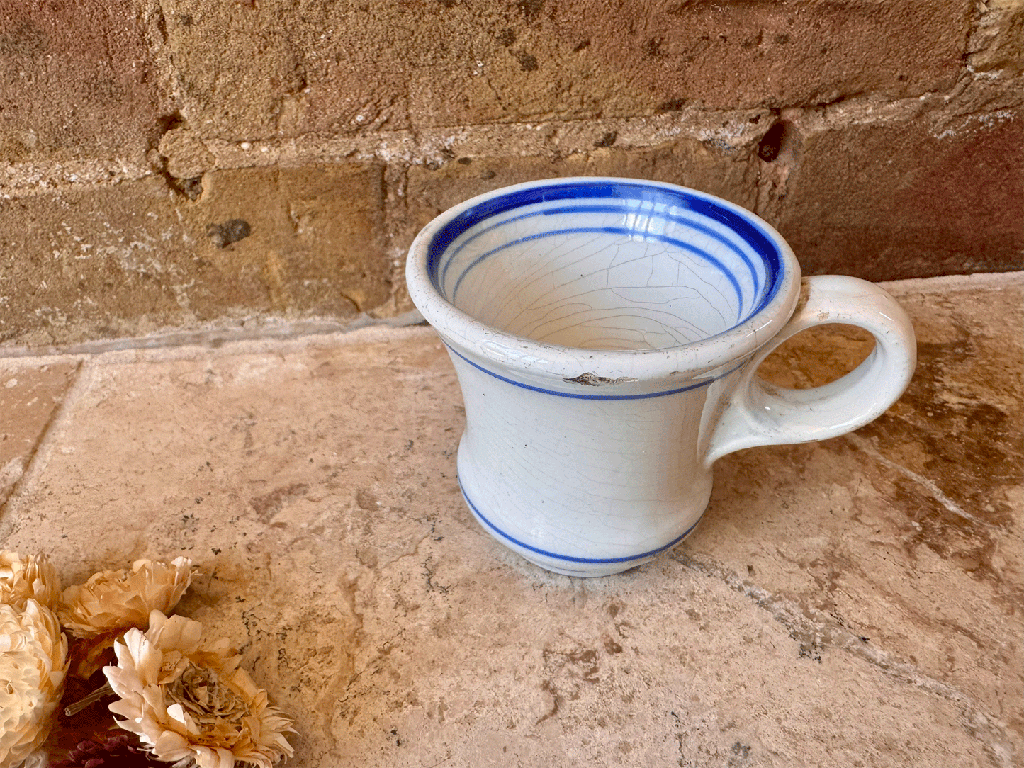 antique thick heavyset ironstone brulot french coffee brandy cup mug blue decoration rim