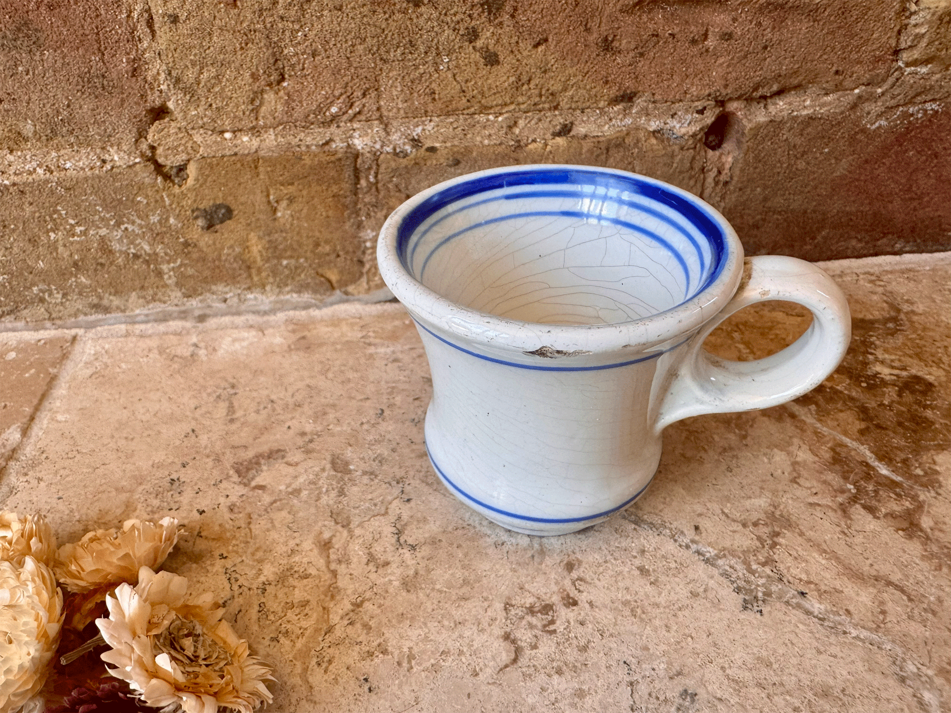 antique thick heavyset ironstone brulot french coffee brandy cup mug blue decoration rim