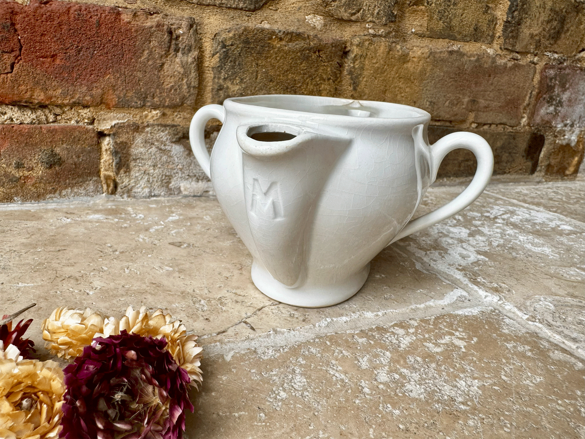 antique french badonviller white ironstone sauciere maigre gras fat separator gravy boat sauce dish