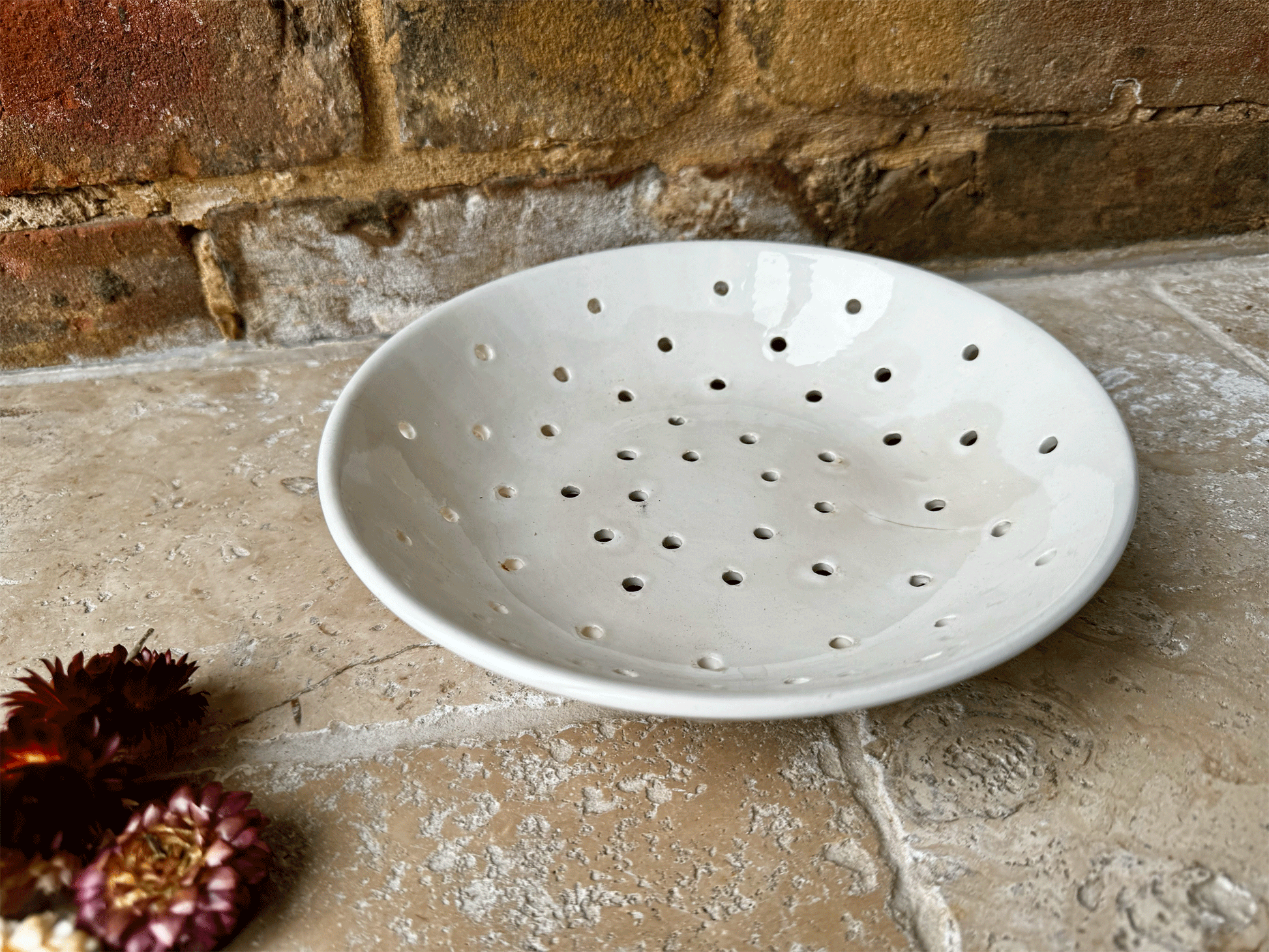 antique french sarreguemines plain white ironstone berry bowl pierced drainer