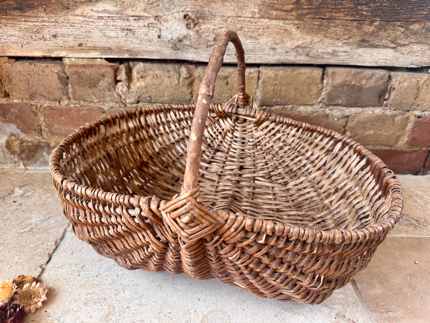 antique french large rustic wicker trug basket panier bentwood handle