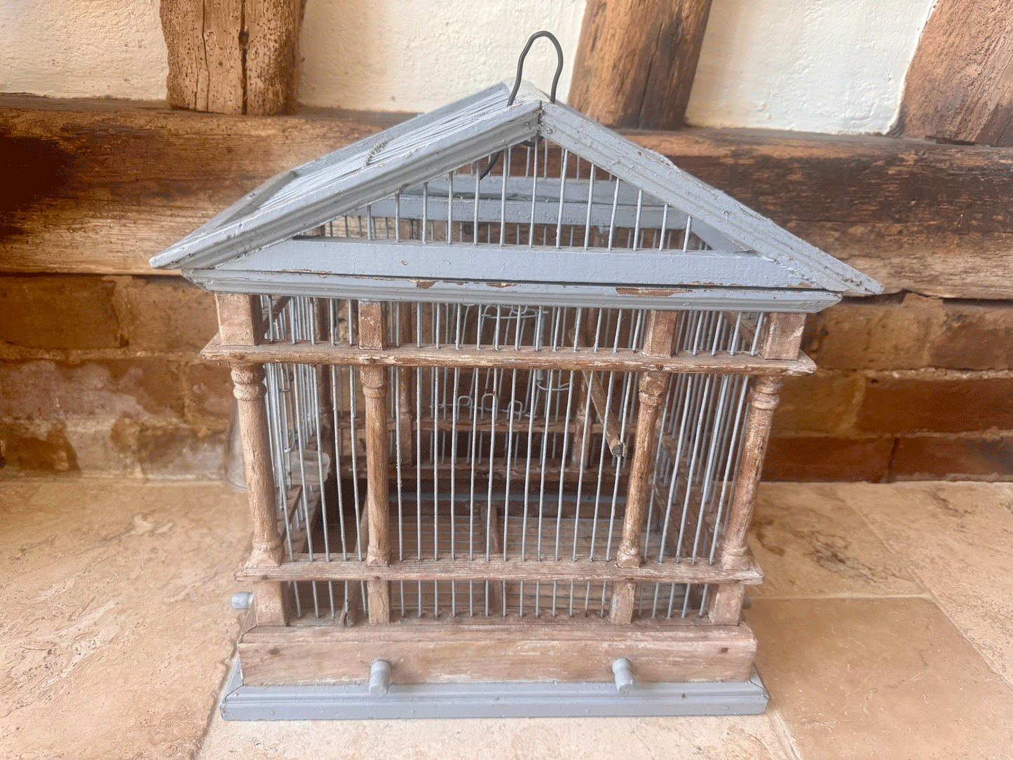 antique french vintage rustic wooden grey painted wooden wire birdcage classical mansion