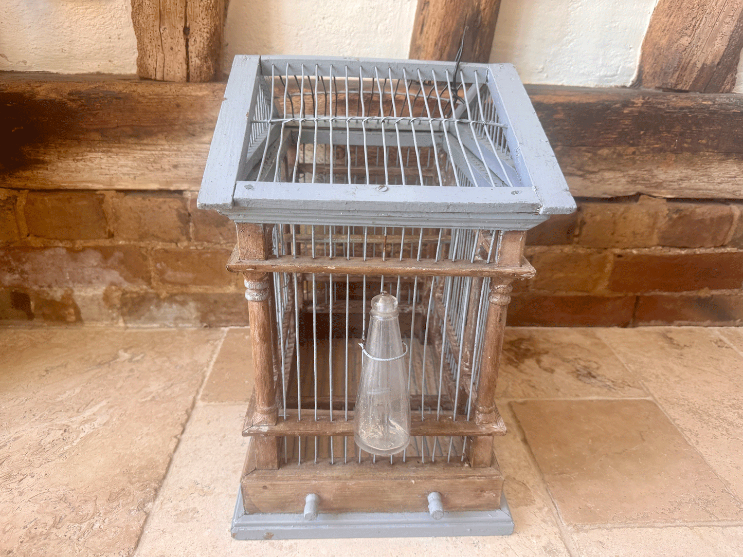 antique french vintage rustic wooden grey painted wooden wire birdcage classical mansion
