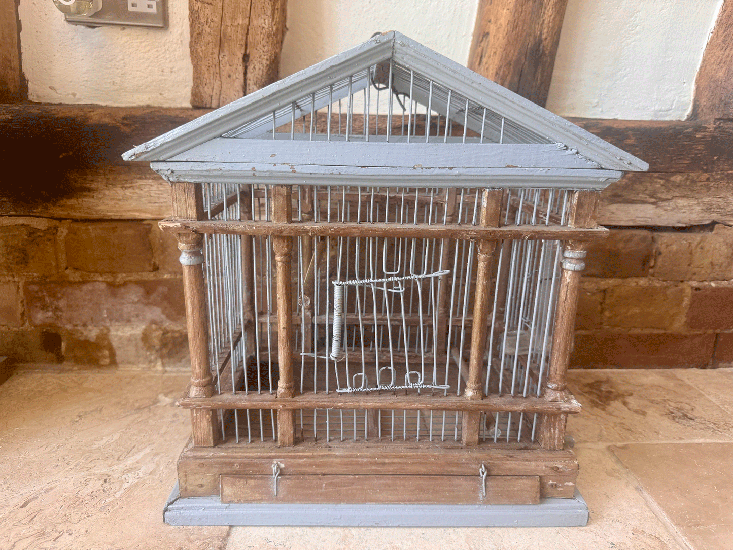 antique french vintage rustic wooden grey painted wooden wire birdcage classical mansion