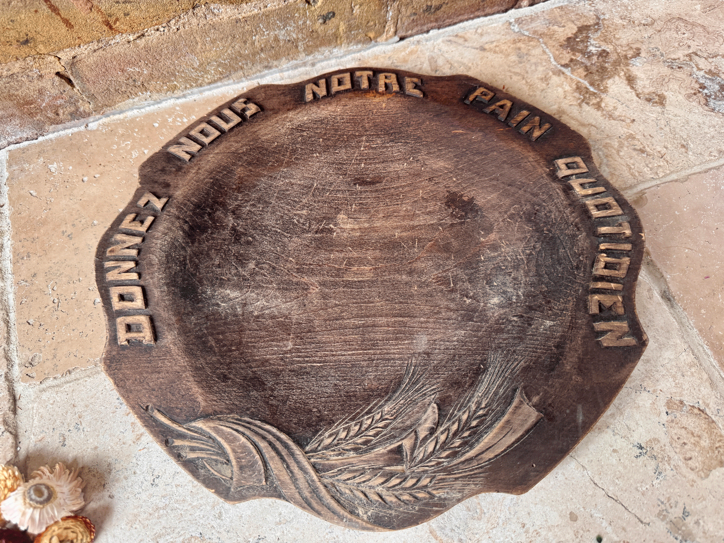 rustic antique french carved breadboard platter give us daily bread motto
