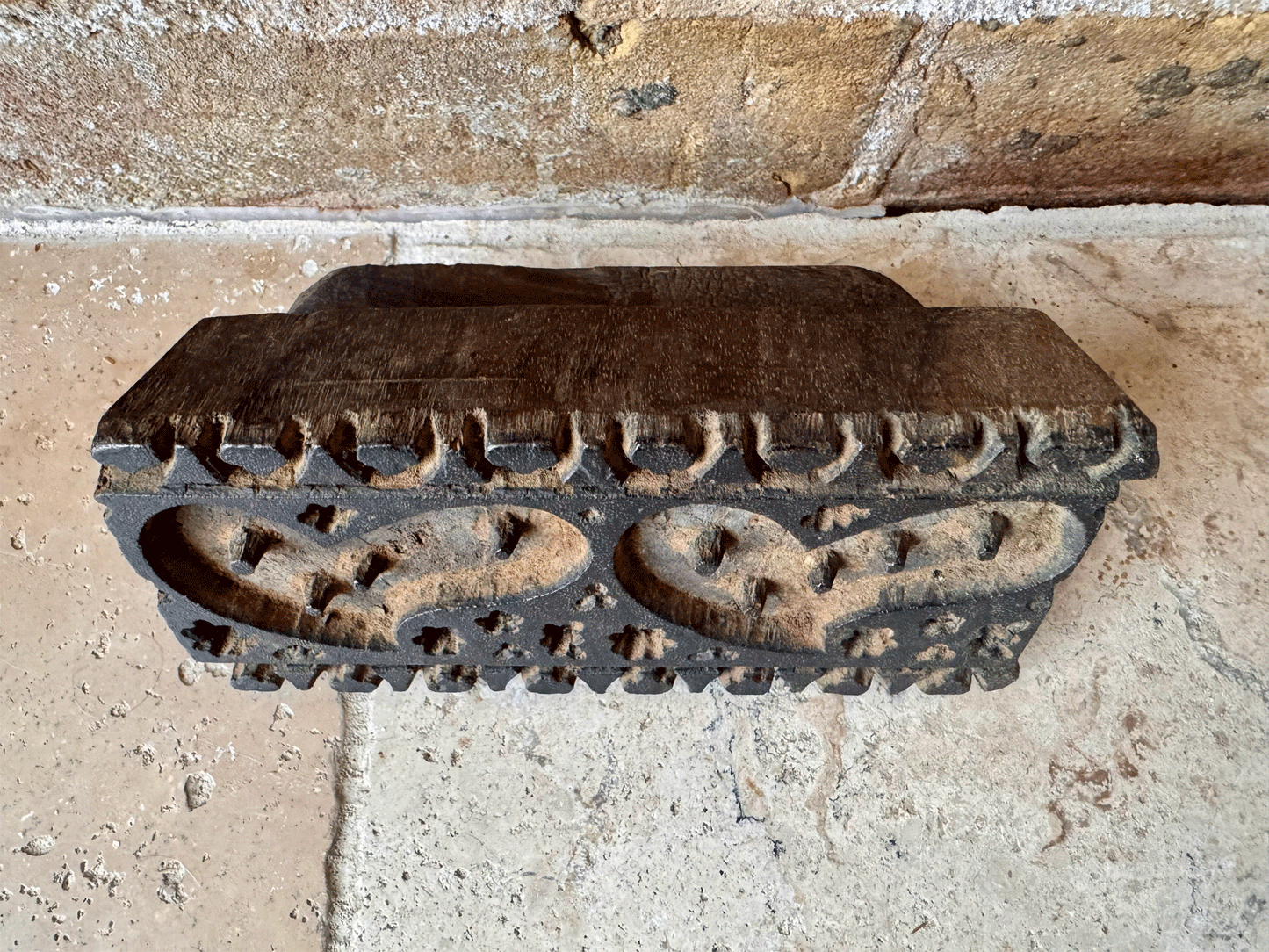 vintage french carved wooden treen printing block hearts border pattern