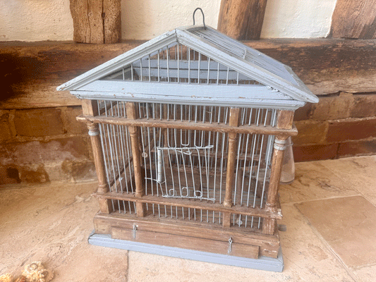 antique french vintage rustic wooden grey painted wooden wire birdcage classical mansion