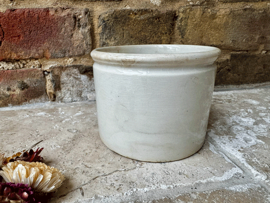 antique french buttery timeworn chunky white ironstone terre de fer confiture pot