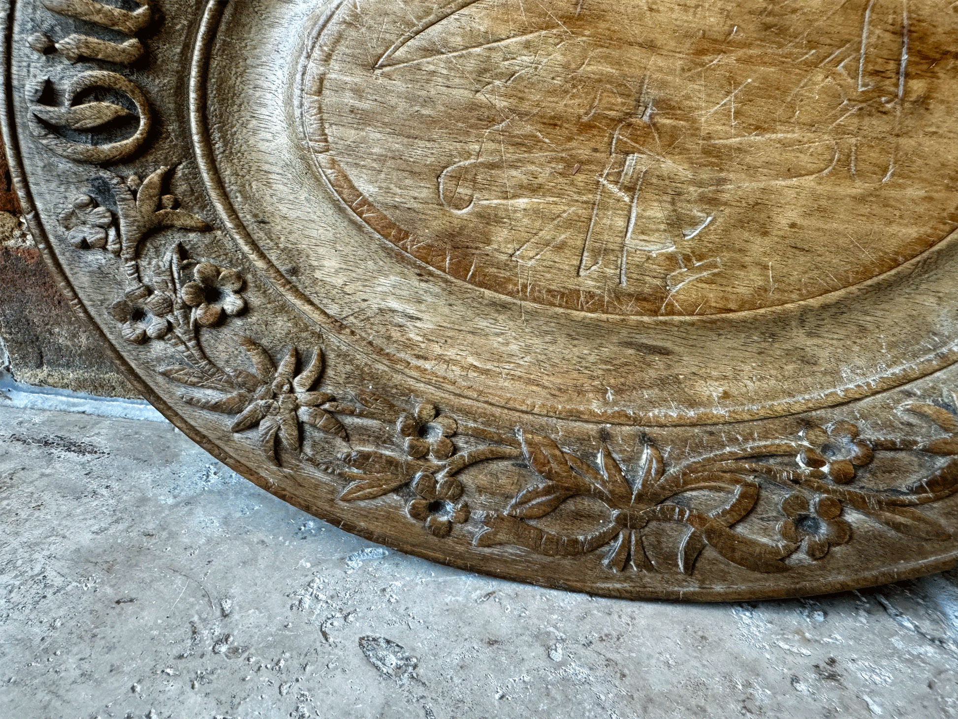 antique german deeply carved treen wooden carved bread platter board daily bread motto