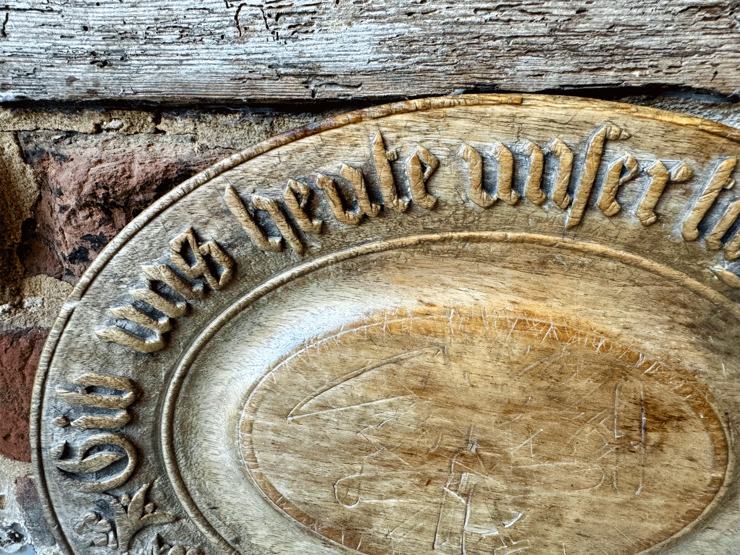 antique german deeply carved treen wooden carved bread platter board daily bread motto