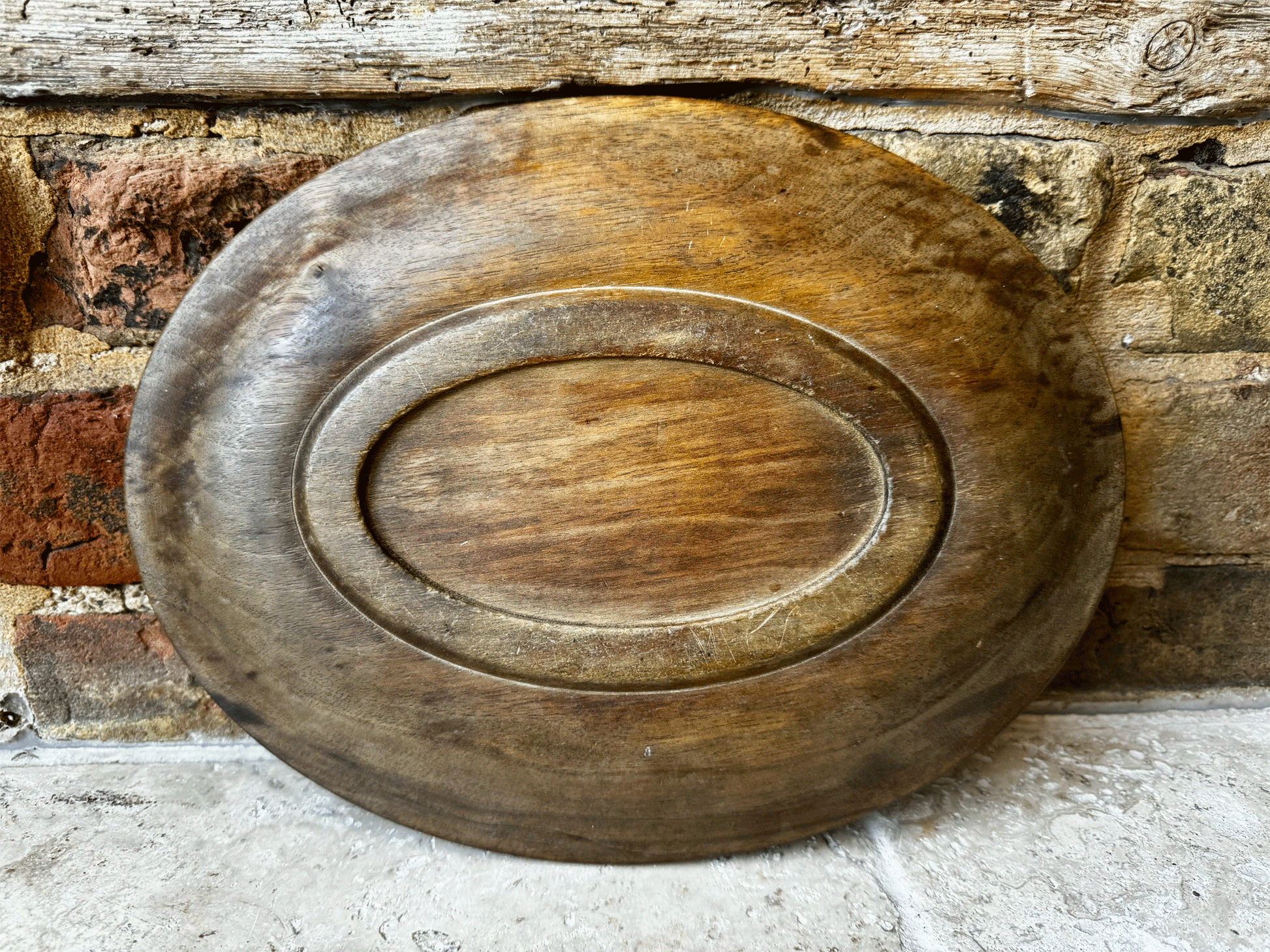 antique german deeply carved treen wooden carved bread platter board daily bread motto