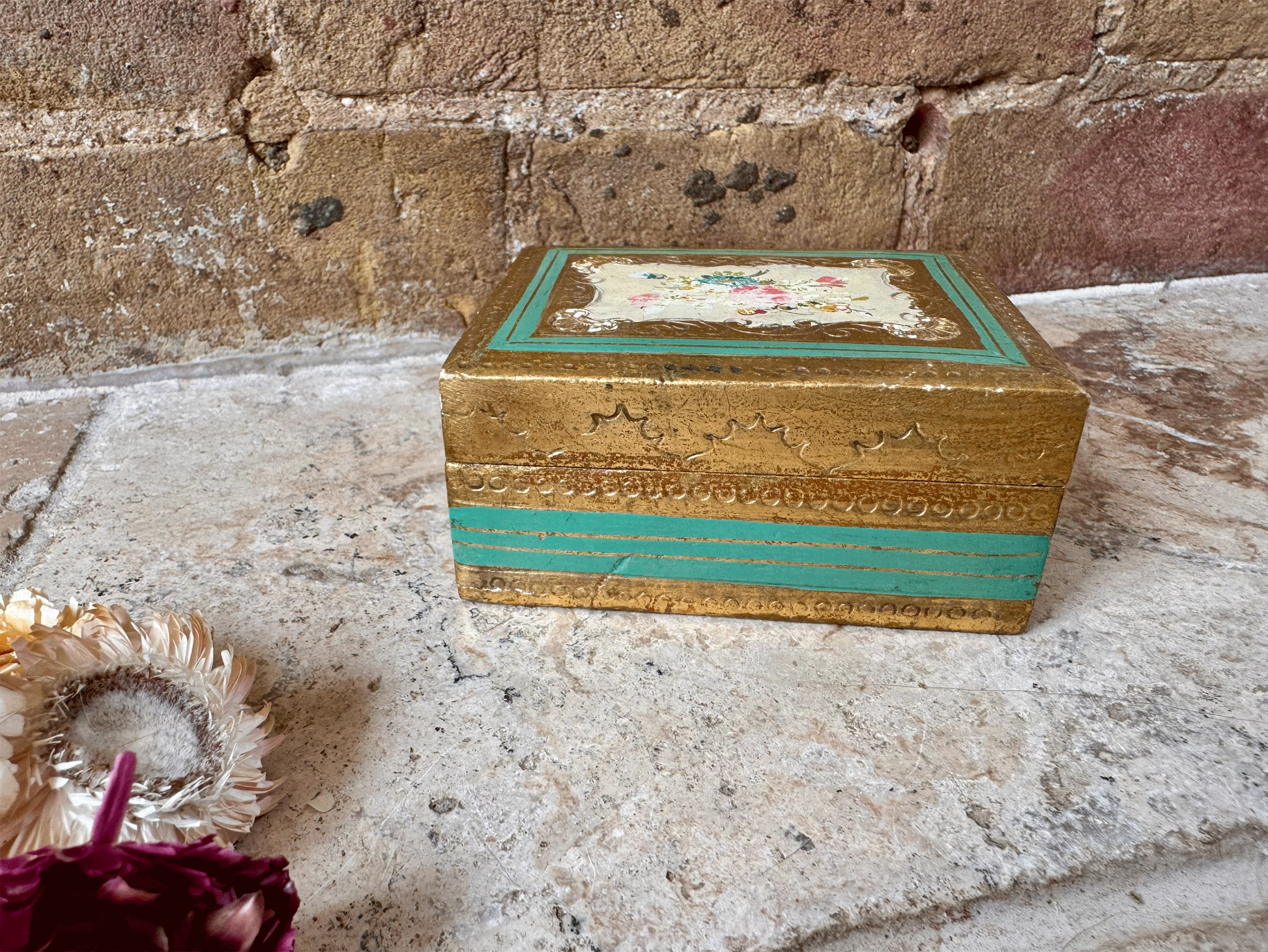 rare antique italian hand painted florentine box trinkets jewellery floral gold gilt gilded green